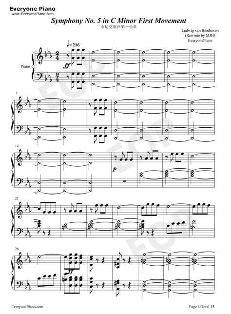 命运交响曲第一乐章五线谱预览1-钢琴谱文件（五线谱、双手简谱、数字谱、Midi、PDF）免费下载