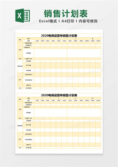 黄色简约电商运营年销售计划表模版Excel模板下载_熊猫办公