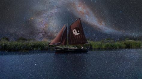 星空下湖面上有一只小船在飘泊唯美插画图片-千库网