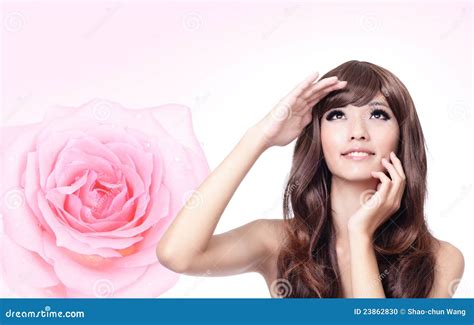 Girl Look Up Forward with Smile and Pink Rose Stock Photo - Image of ...