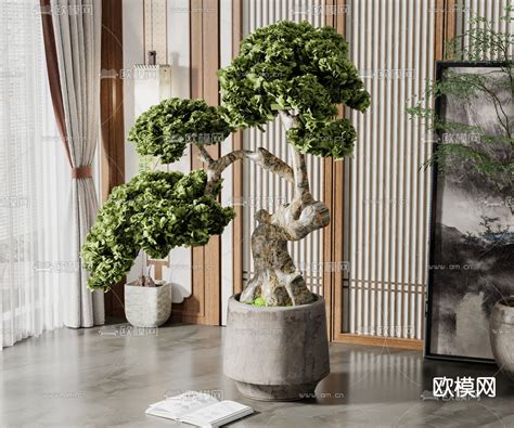 新中式山石头盆景仿真绿植端景台洽谈桌边柜茶室软装苔藓盆栽摆件-美间设计