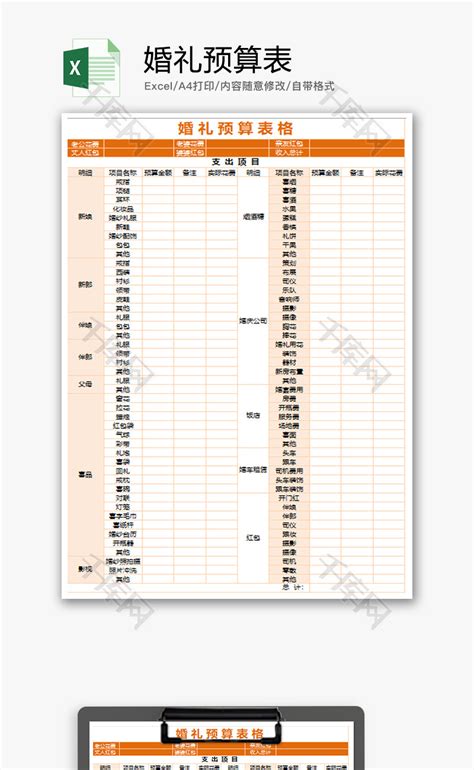 个人 婚礼预算表 Excel模板_千库网(excelID：59015)