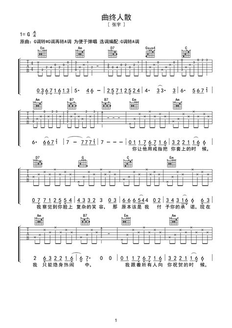 张宇曲终人散吉他谱C调简单完整版双手吉他弹唱的六线谱曲谱图片 - 吉他简谱