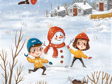大雪插画海报小朋友堆雪人打雪仗嬉戏_坤坤插画-站酷ZCOOL