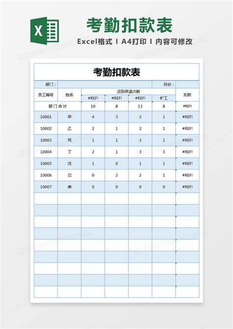 蓝色简约考勤扣款表模版Excel模板下载_熊猫办公