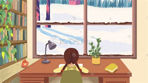 小女孩坐在书桌前学习的背影插画-小女孩坐在书桌前学习的背影配图-千库网