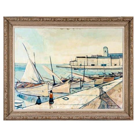 Charles Levier (French, 1920 - 2003) Large Oil On Canvas Barques Wharf ...