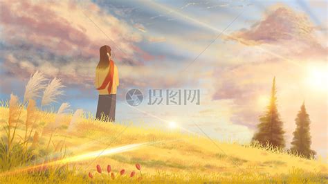 阳光下看云的少女手绘插画图片下载-正版图片400060637-摄图网