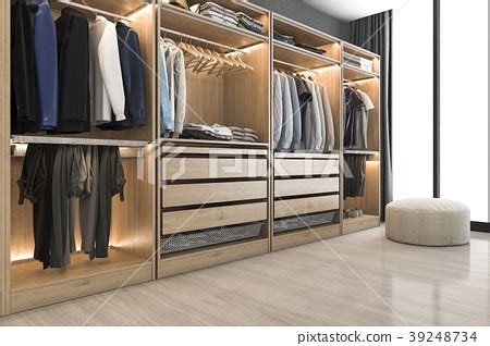 white wood walk in closet with wardrobe - Stock Illustration [39248734 ...
