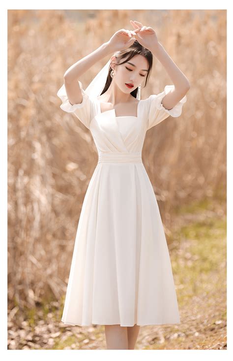 白色晚礼服女宴会气质平时可穿毕业领证登记小白裙法式洋装连衣裙-阿里巴巴
