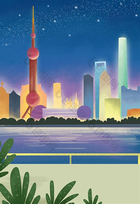 上海城市夜景插画图片-包图网