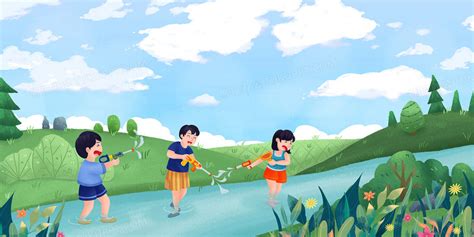 卡通手绘溪水玩耍儿童背景背景图片素材免费下载_熊猫办公