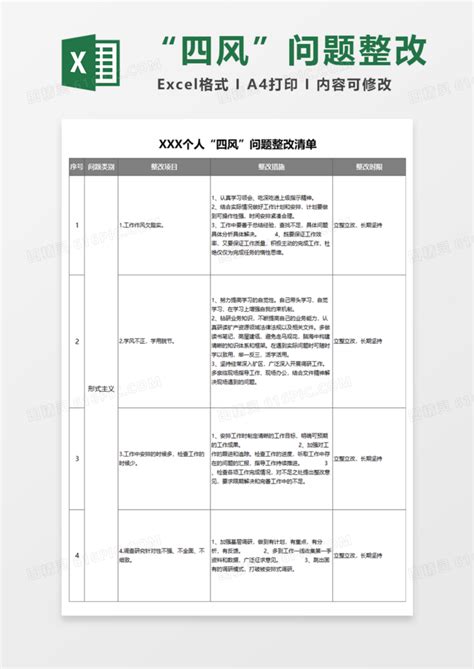 个人“四风”问题整改清单excel模板免费下载_编号vr8benl4z_图精灵