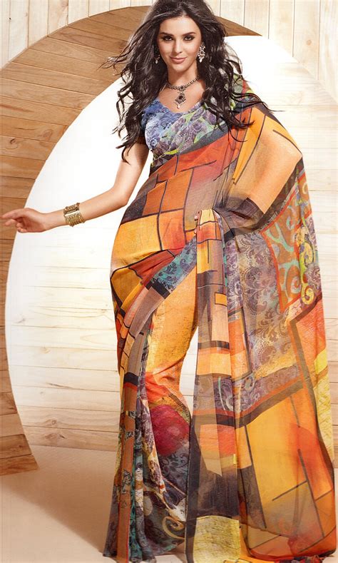 Celebry-Yellow Designer Sari with Geometric Print | Exotic India Art