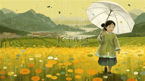 春天人物下雨雨水谷雨田园插画图片-千库网