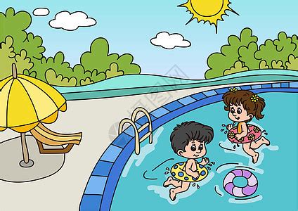 卡通手绘女孩夏日在泳池里场景PNG图片素材下载_卡通PNG_熊猫办公
