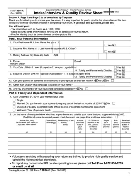Fillable Form 13614-C - Intake/interview & Quality Review Sheet - 2010 ...