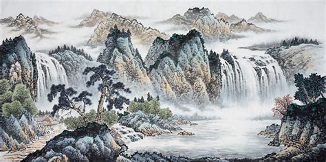 四尺横幅山水画，名家山水国画-精品书画,一手货源,木微画院名家书画真迹