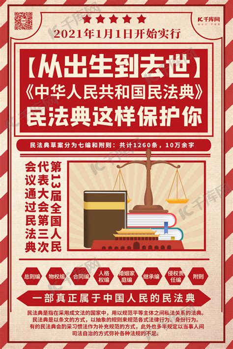 民法典实施红色简约海报海报模板下载-千库网