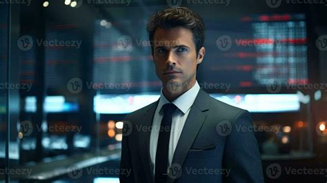 A businessman in a formal suit and tie standing confidently in a modern ...