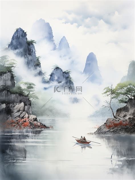 中国传统水墨轻舟过万重山1插画图片-千库网