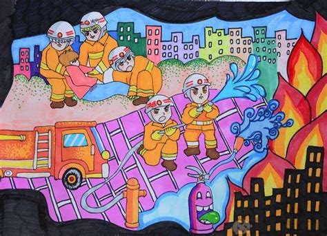 三年级简单消防画,画一幅消防的画,1消防儿童画_大山谷图库