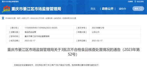 重庆市綦江区市场监督管理局公布3批次不合格食品核查处置情况（2023年第52号）-中国质量新闻网