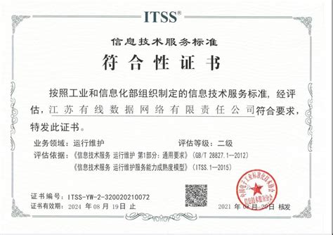 江苏有线数据公司顺利通过ITSS信息技术服务标准二级认证_江苏有线