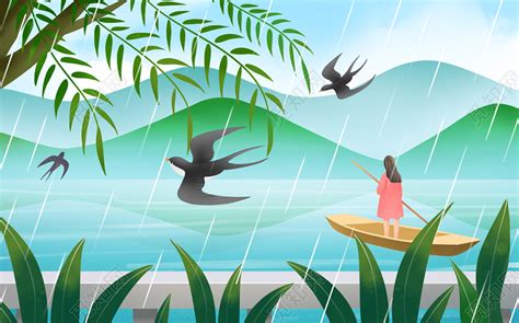 卡通春雨和燕子春天原创插画素材免费下载(燕子和春天绘本图画) - 觅知网