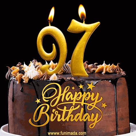 97 Birthday Chocolate Cake with Gold Glitter Number 97 Candles (GIF ...