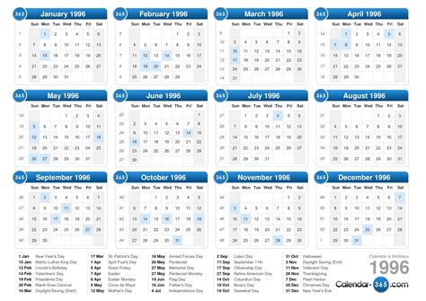 Free 1996 Calendars in PDF, Word, Excel