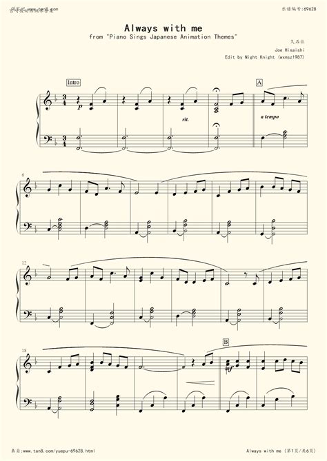 《千与千寻,钢琴谱》宫崎骏（五线谱 钢琴曲 指法）-弹吧|蛐蛐钢琴网