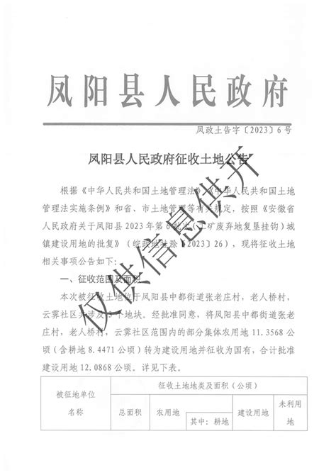 凤阳县2023年第6批次（工矿废弃地复垦挂钩）城镇建设用地 征收公告