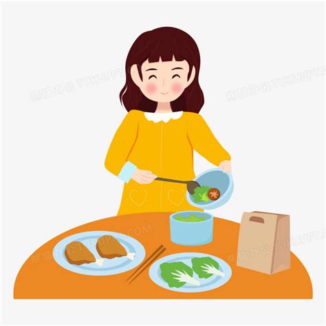 卡通手绘矢量女孩打包剩余饭菜免抠元素PNG图片素材下载_女孩PNG_熊猫办公
