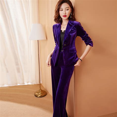 婪诗雅紫色金丝绒西装套装女气质时尚高端女人味丝绒西服两件套_虎窝淘