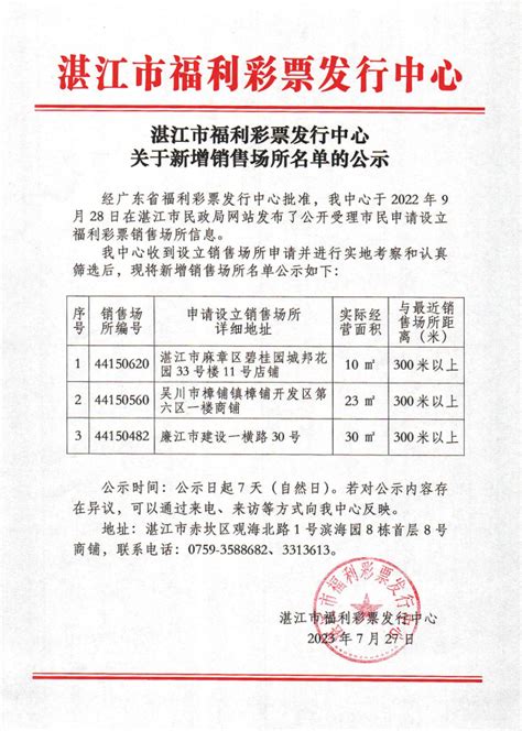 湛江市福利彩票发行中心关于新增销售场所名单的公示
