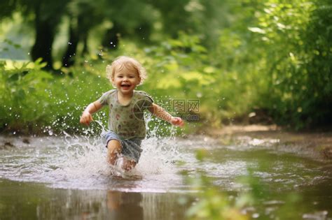 蹒跚学步的孩子在水塘中奔跑高清图片下载-正版图片600303078-摄图网