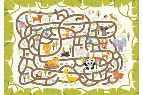 野生动物益智迷宫矢量图素材 Wildlife Ecosystem Maze Puzzle Vector Game – 设计小咖