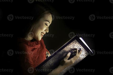Asian woman opening mystic book box magical light dark background ...