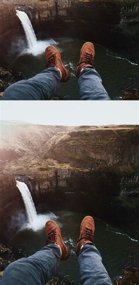 一个人坐在山顶俯拍瀑布的流水倾泻而下形成一个巨大的圆形湖泊