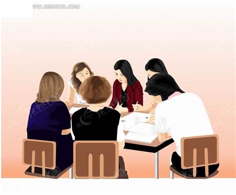 韩国人物插画围在桌面工作的商务女性团队AI素材免费下载_红动中国