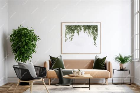 Sala de estar contemporánea con marco de póster horizontal en blanco y estilo minimalista | Foto ...