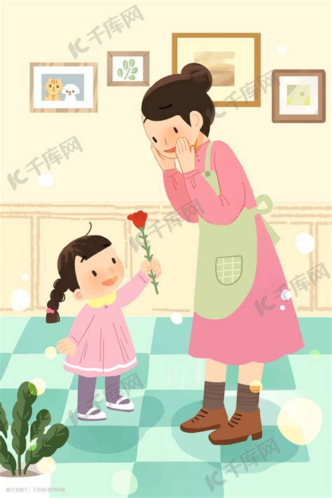 母亲节女儿表达感谢妈妈爱意治愈插画图片-千库网