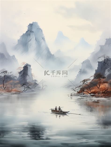 中国传统水墨轻舟过万重山2插画图片-千库网