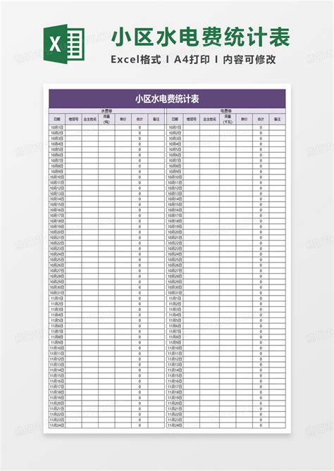 小区水电费统计表Excel模板下载_熊猫办公