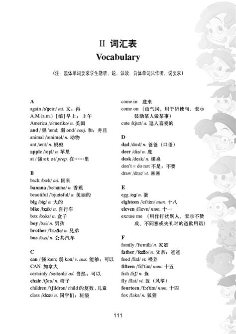 《Vocabulary 词汇表》人教版小学三年级英语下册课本2012年审定版（三年级起点）_人教版小学课本