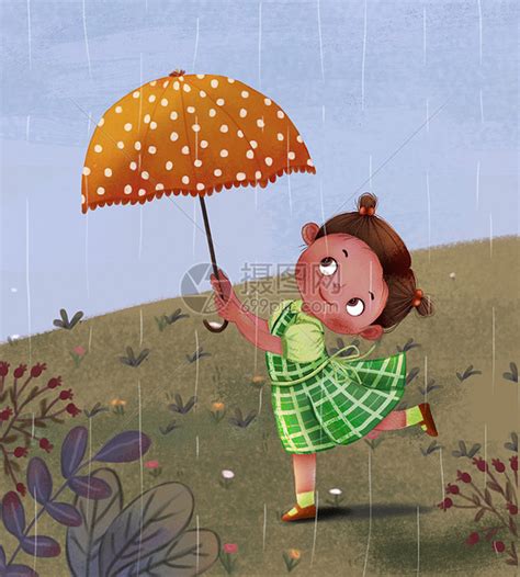 下雨天打伞玩耍的小女孩插画图片下载-正版图片402165411-摄图网