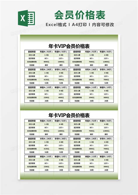 绿色简约年卡vip会员价格表模版Excel模板下载_熊猫办公