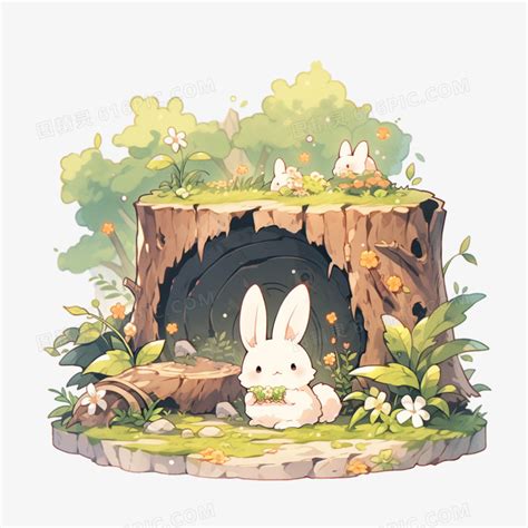 卡通树洞里的小兔子套图元素PNG图片素材下载_元素PNG_熊猫办公