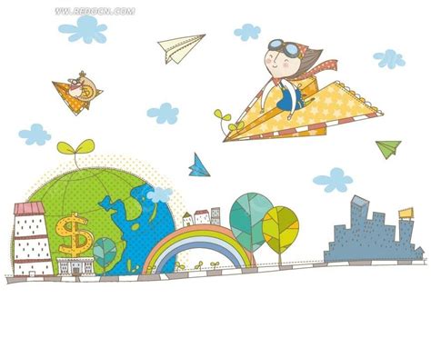 儿童卡通插画——坐在纸飞机上飞行的开心女孩EPS素材免费下载_红动中国